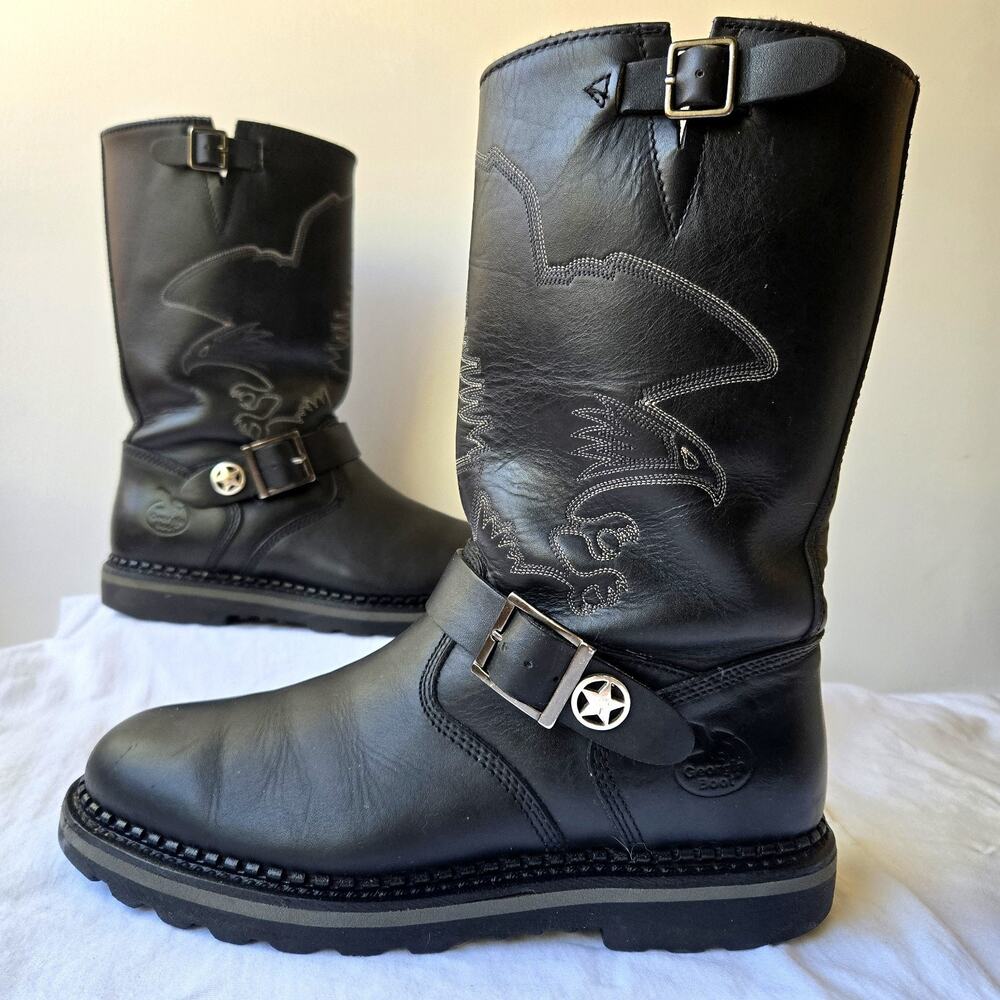 Georgia Boot Men's Black Leather Engineer Motor Bike Boots Eagle Detail Size 9